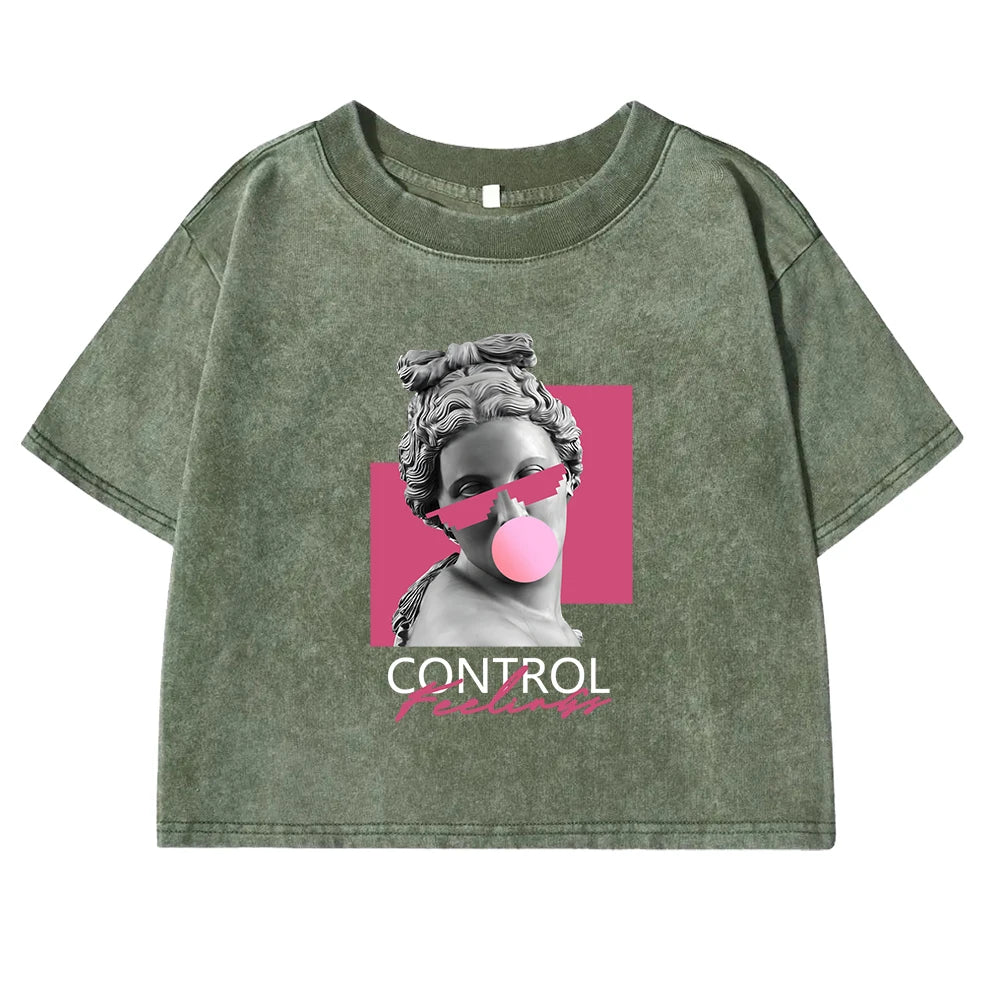 A Sculpture Of A Woman Blowing Bubbles Print Women Washed T Shirt Cotton Casual  Short Sleeve Crop Top Street All-Match Tee