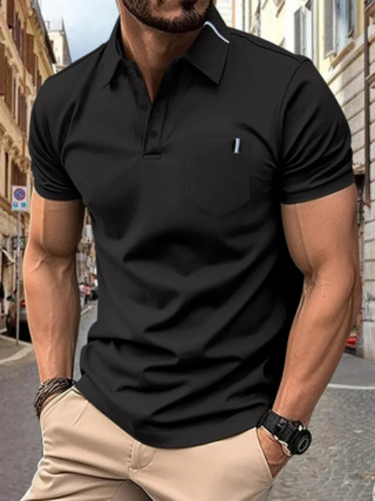 2024 New Solid color men's casual fashion lapel pocket ribbon decoration short-sleeved POLO shirt sports golf slim polo shirt