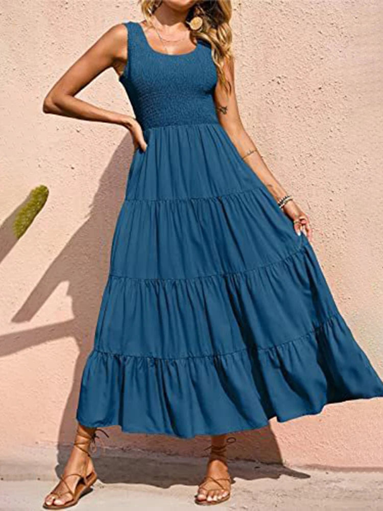 Dresses For Women Summer Sexy Elegant Sleeveless Floral Solid Color Long Dress Fashion Elastic Waist Beach Party Big Swing