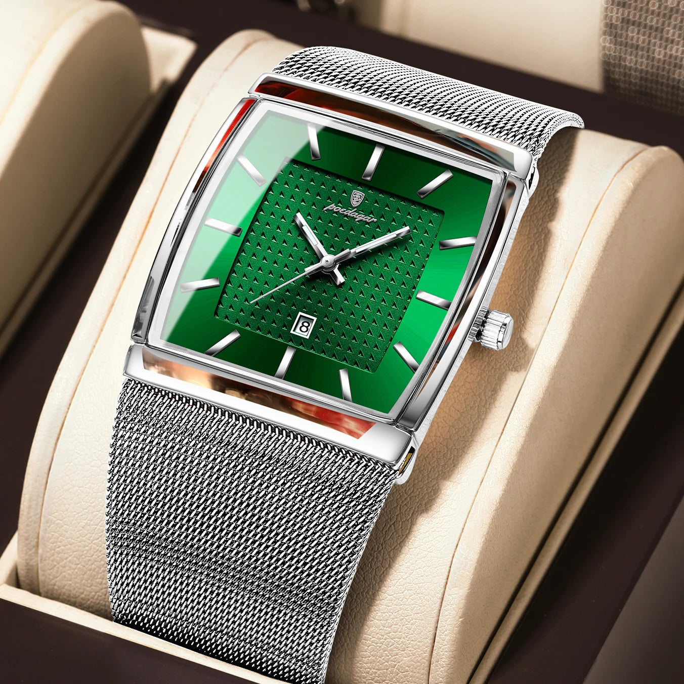 POEDAGAR Top Original Men Watch Waterproof Luminous Date Rectangle Man Wristwatch Mesh Stainless Steel Men's Quartz Watches Male