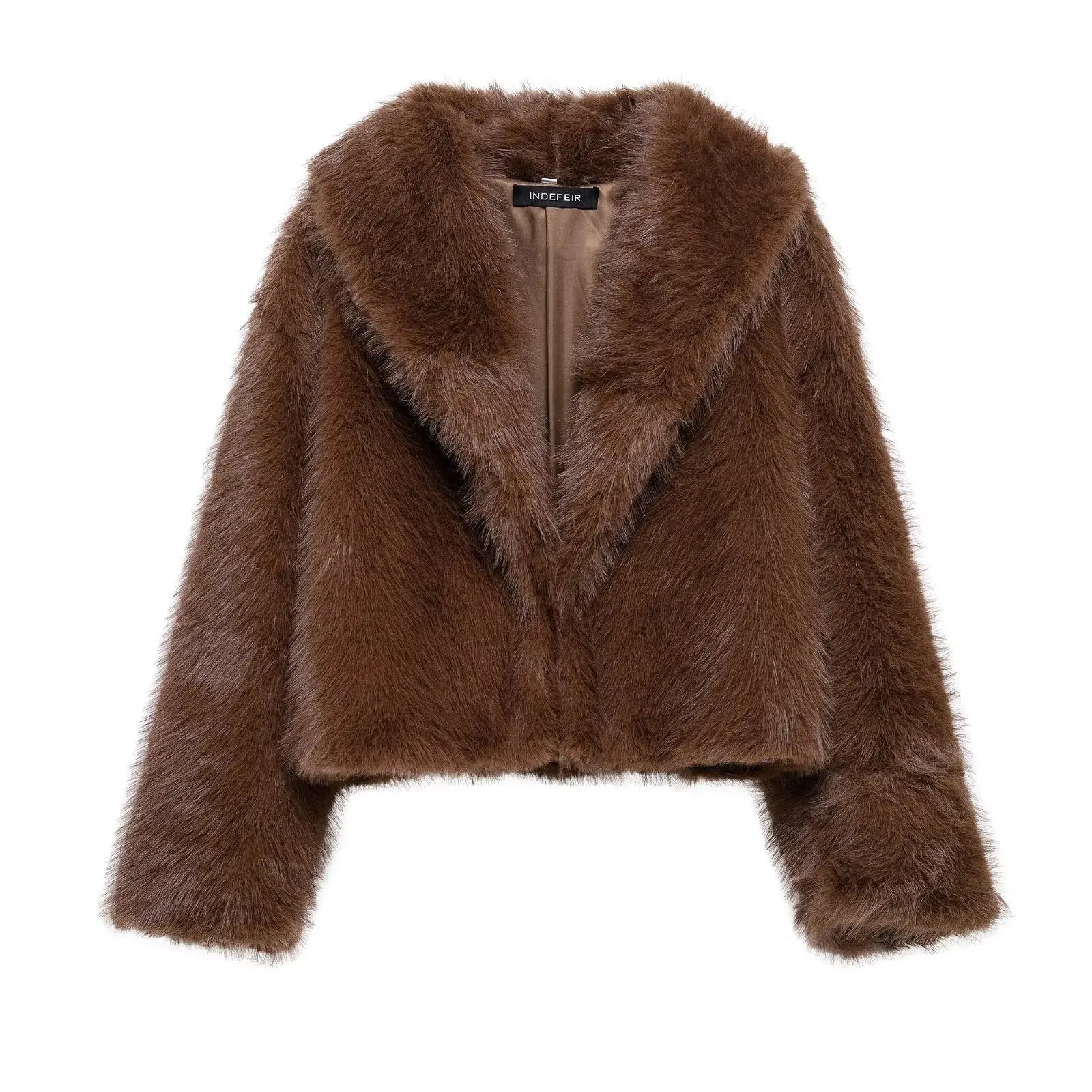 TRAFZA Women Solid Faux Fur Jackets Casual Long Sleeves For Warmth Winter Coat Woman Elegant Turn-Down Collar Loose Outerwear