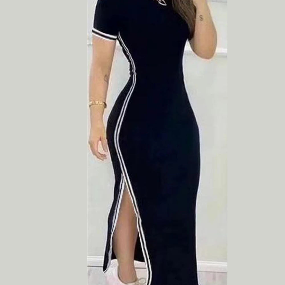 Women Sport Solid Dress Short Sleeved Round Neck Side Split Long Dresses Slim Fit