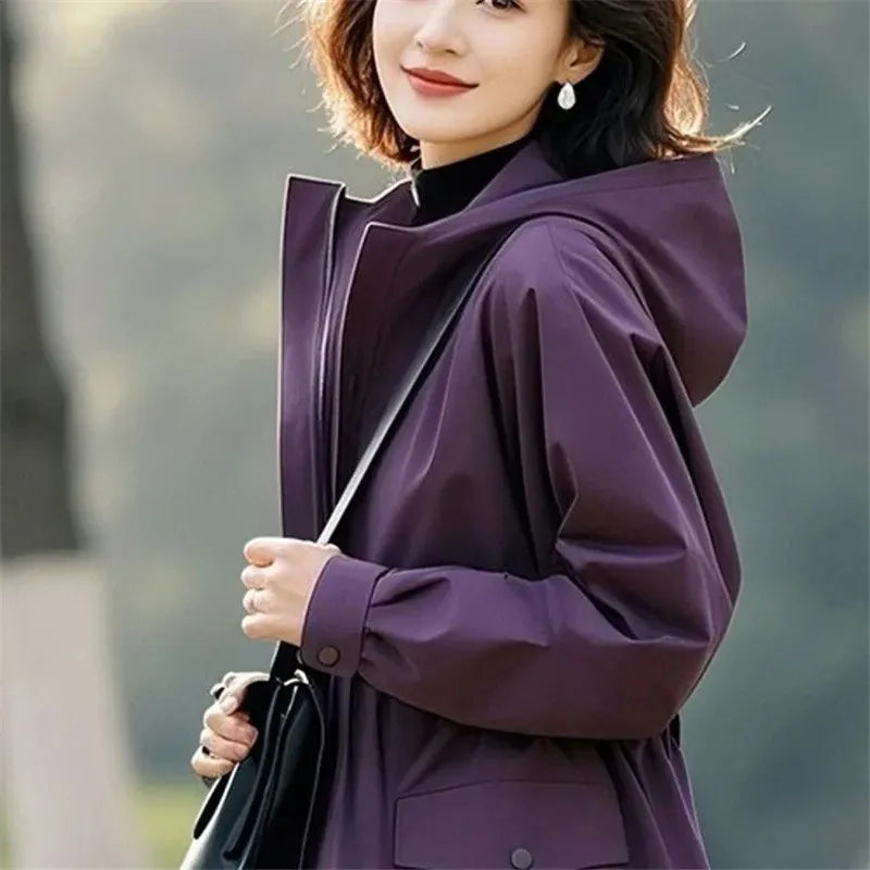 Super Good-Looking Women's Wear Slim Windbreaker Coat Hooded Jacket 2025 New Retro Female Explosive Purple Trench Coat Outwear