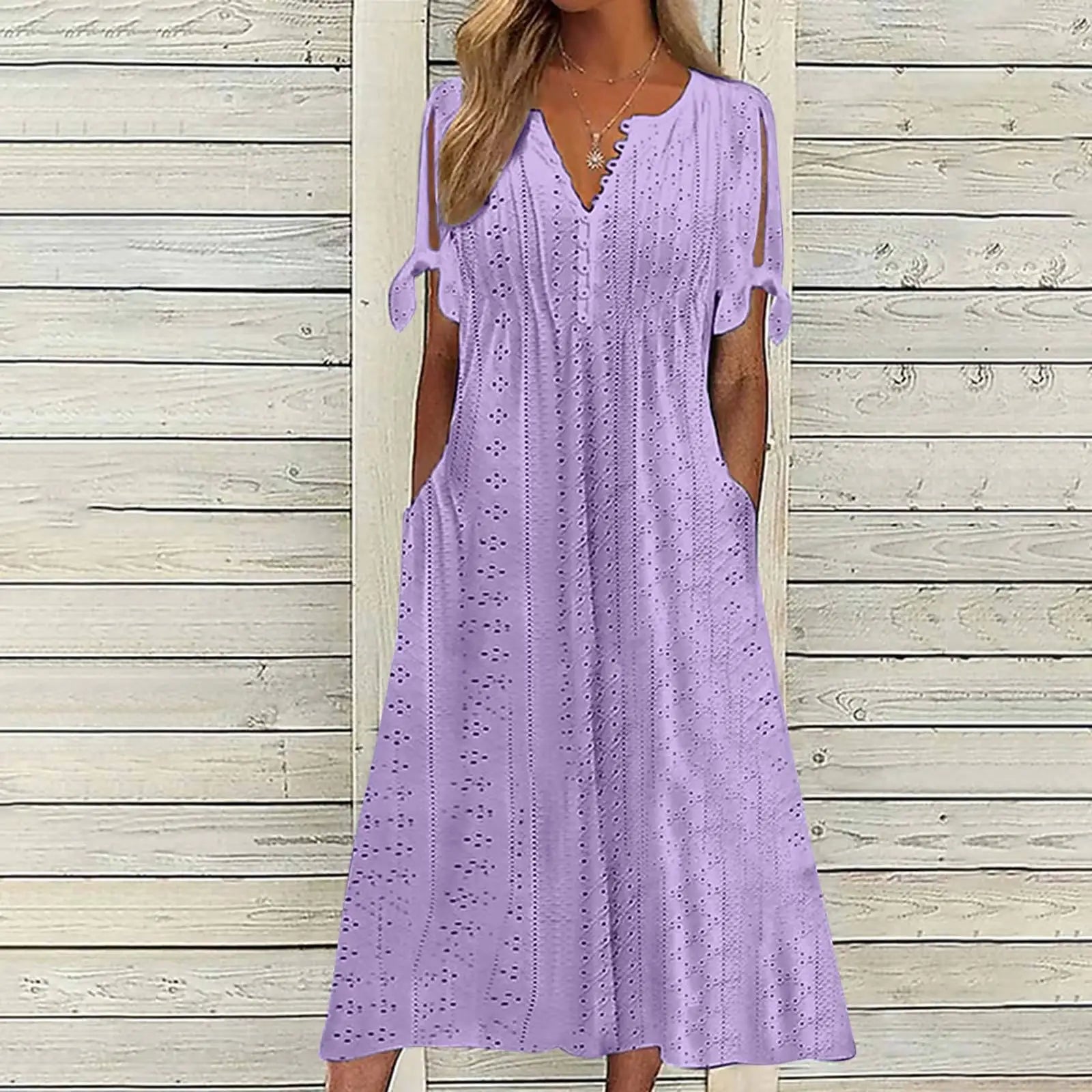 Summer New Women's Mid Length Dress With Sexy Holes Hollowed Out Lace Up V-neck Pleated Edges Fashionable Patchwork Dress