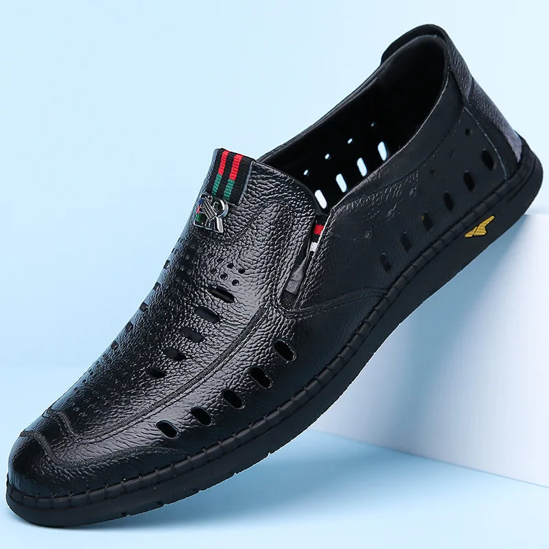 2025 Shoes for Men Genuine Leather Casual Shoes Summer New Hollow Out Slip-on Loafers Fashion Leather Sandals