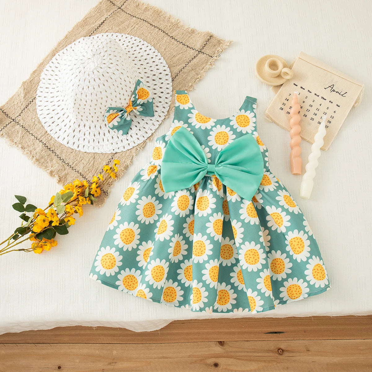 Baby Girl Dress Summer Bow And Sunflower Pattern Halter Beach Girl Kid's Dress Cute Casual Baby Dresses With Hat