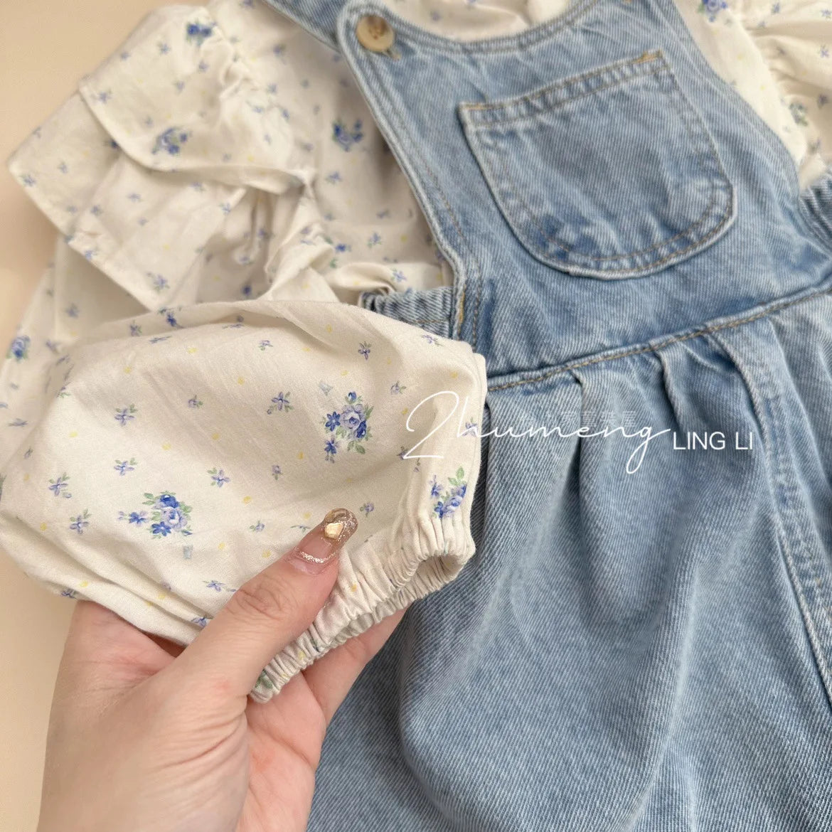 2023 Spring and Autumn New Girl's Clothing Sets Kids Cute Floral Doll Shirt+Cowboy Strap Pants Two Piece Set for Baby Girls