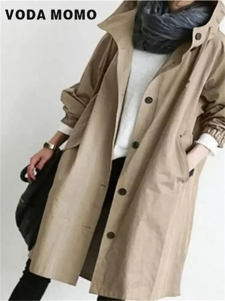 Spring Autumn Casual Korean Fashion Hooded Medium Long Overcoat Loose Windproof Coat Women Trench Coat Solid Color Pocket