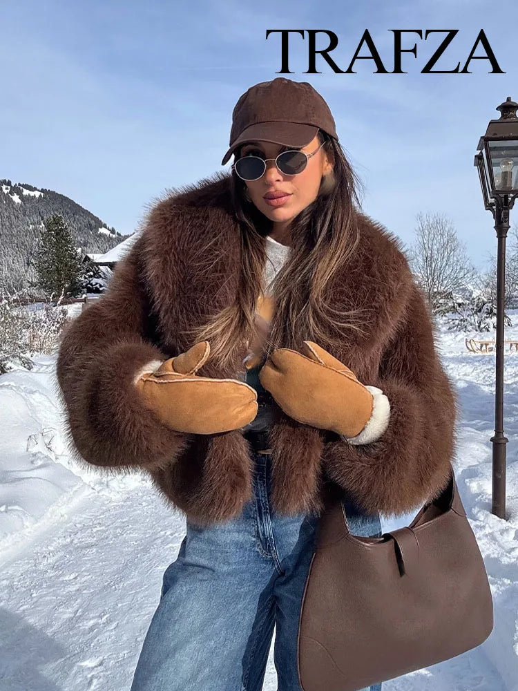 TRAFZA Women Solid Faux Fur Jackets Casual Long Sleeves For Warmth Winter Coat Woman Elegant Turn-Down Collar Loose Outerwear