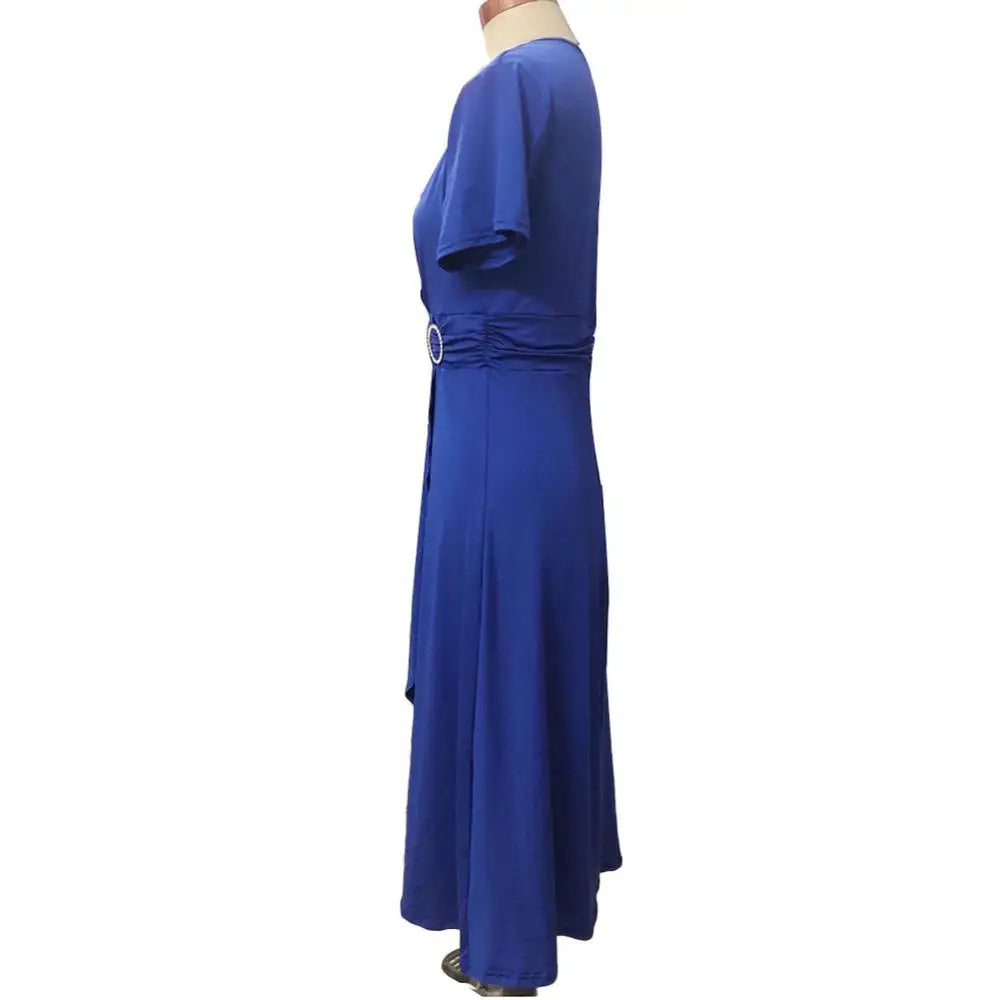 Plus Size Dress Elegant Women Solid Color Short Sleeve V Neck Asymmetric Hem Waist Tight Midi Party Dress Ladies Evening Vestido