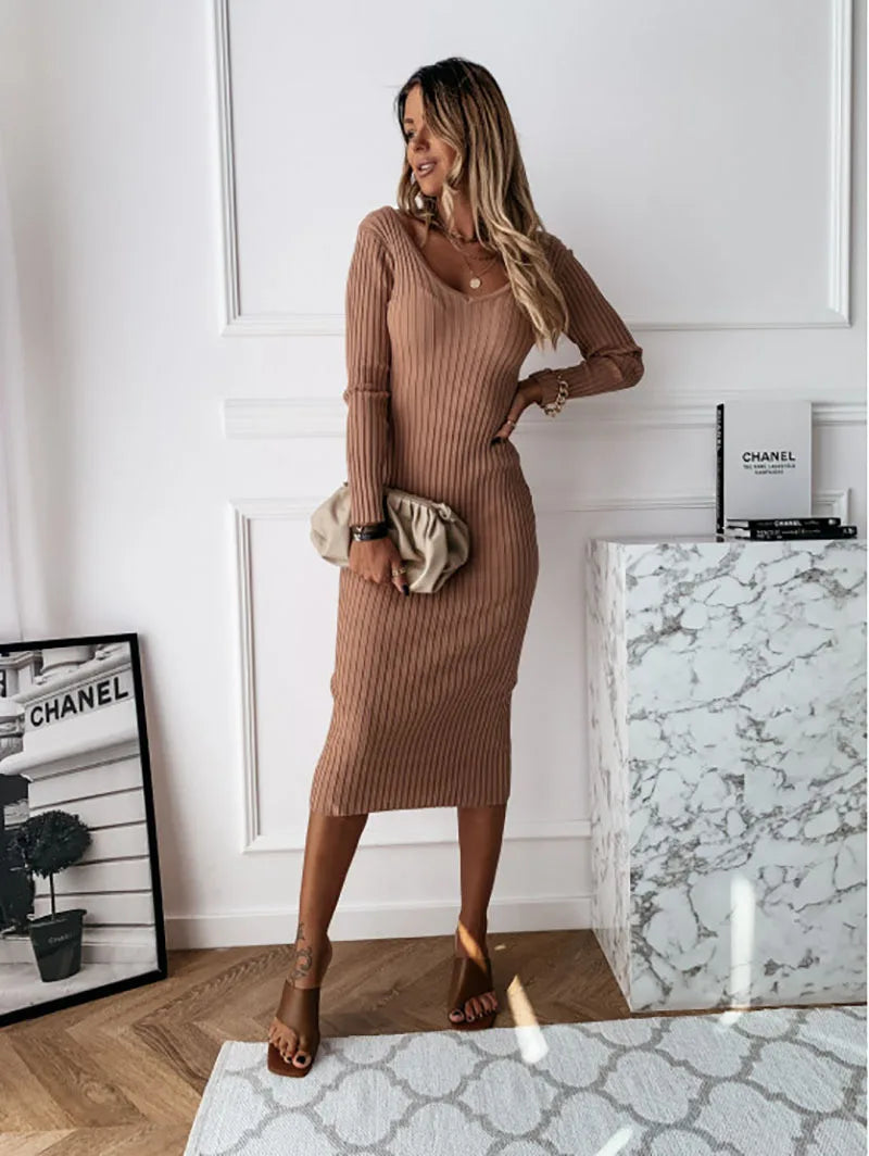 Women Ribbed Knit Long Sleeve Maxi Dress Slim Fit Solid Color Bodycon Pencil Long Dress Casual Fall Winter Clothes