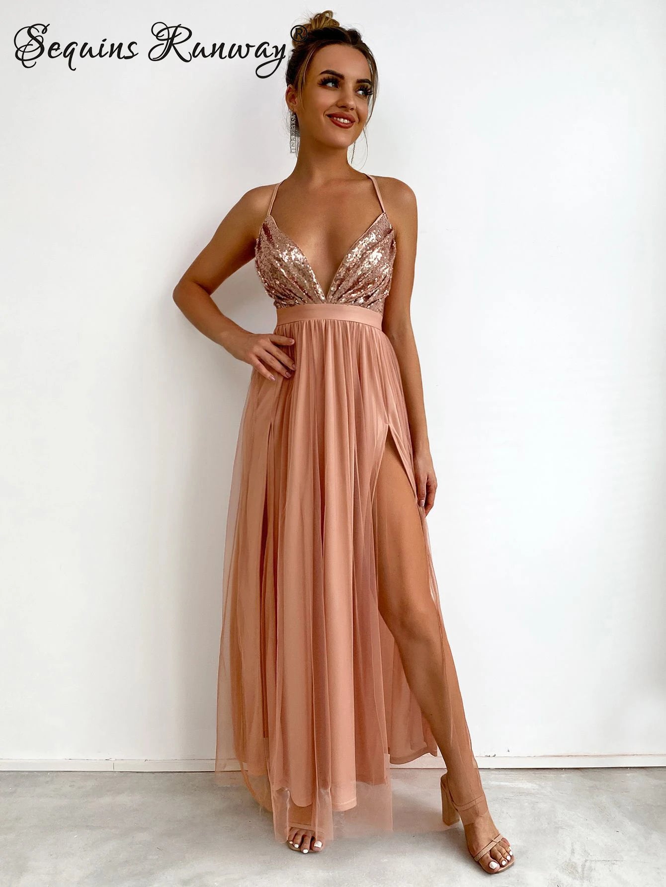 Sexy backless maxi sequin summer dress women elegant luxury mesh birthday party dress bridesmaid evening dresses vestidos