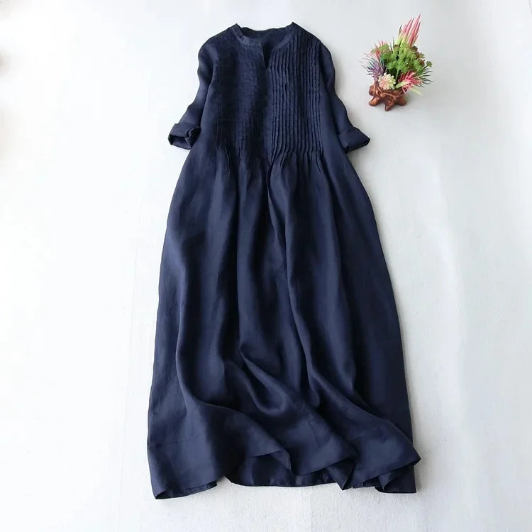 Cotton Linen Women's Dress Summer Elegant Accordion Pleat Loose Drifting Fairy Beautiful Pure Color Long Skirt round Neckline An