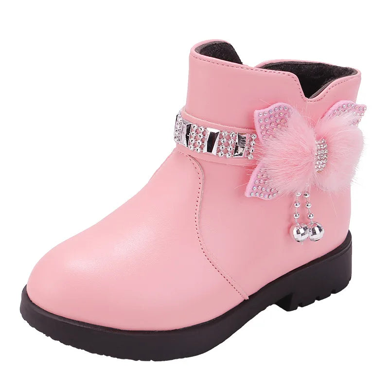 Girls Children Princess Shoes with Butterfly Knot Soft Sole High Top Studded Boots Kids Casual PU Leather Boots Pure Color Shoes