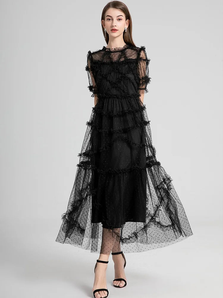 Long Summer Cake Prom Dress Women's Elegant Dot Robe Luxury Ruffles Gauze Mesh Embroidery Edible Tree Fungus Wedding Vestido