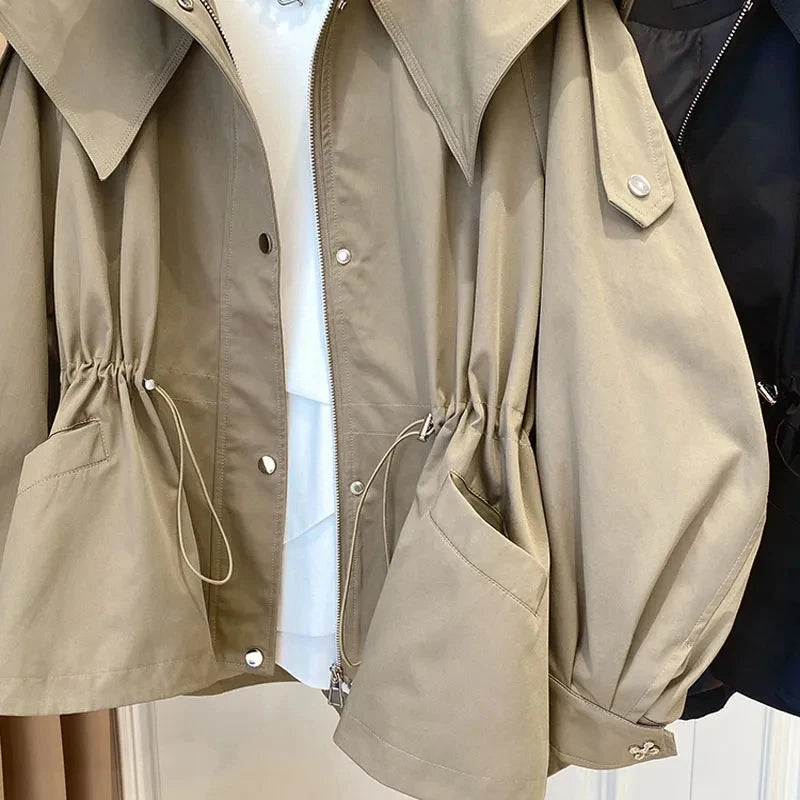 Spring Autumn Oversized Casual Waterproof Khaki Windbreaker Women Long Sleeve Hood Drawstring Zipper Jacket