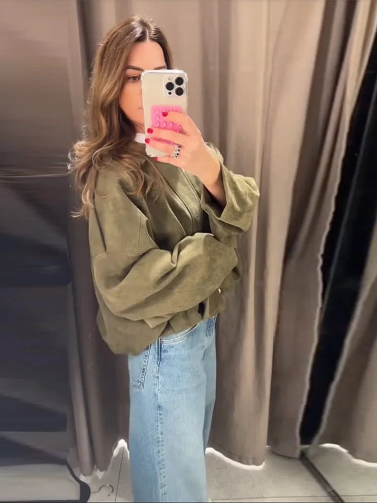Vintage Suede Jacket Women Casual Lapel Zipper