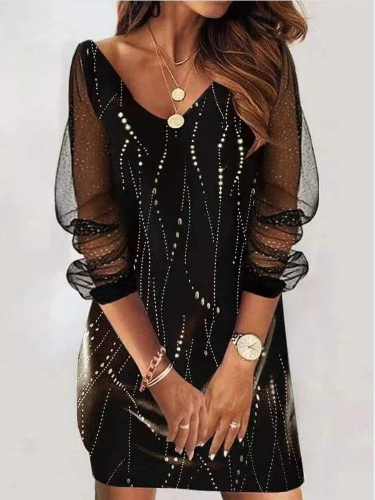 Sexy Mesh Sleeves V Neck Sequins Print Slim Bodycon Dress Women Long Sleeves Causal Dress Elegant Club Party Vestidos