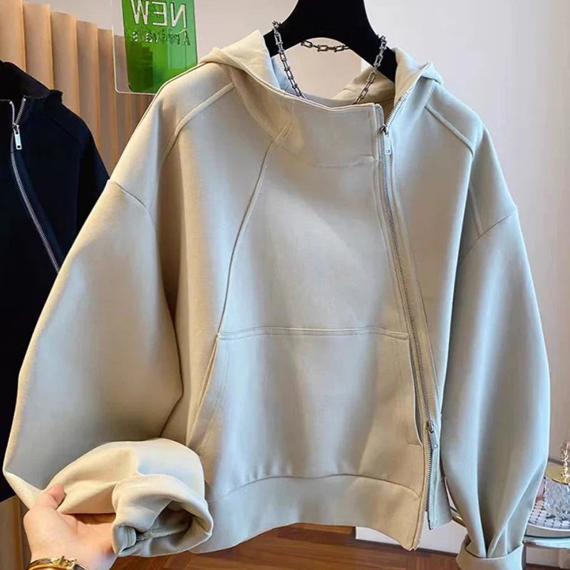 Hooded sweater women's irregular diagonal zipper 2024 spring new loose casual design sense niche jacket