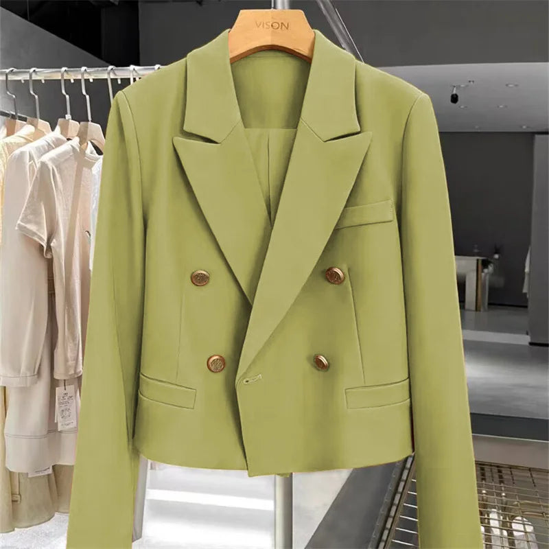 Cropped Blazers Woman Clothing 2025 New All-match Korean Chic Tops Double-breasted Suit Coat Ladies Office Suit Female Outerwear