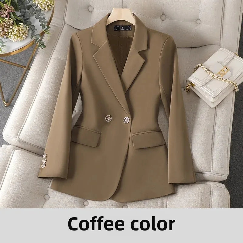 Coffe Brown Slim Fit Women's Suit Jacket Fashionable Commute Professional Style Autumn New Arrival Polyester Fiber Top