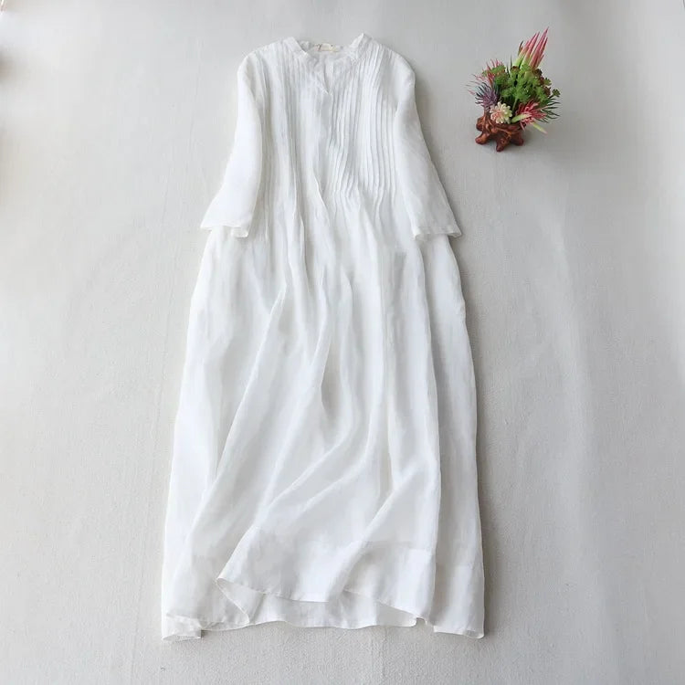 Cotton Linen Women's Dress Summer Elegant Accordion Pleat Loose Drifting Fairy Beautiful Pure Color Long Skirt round Neckline An