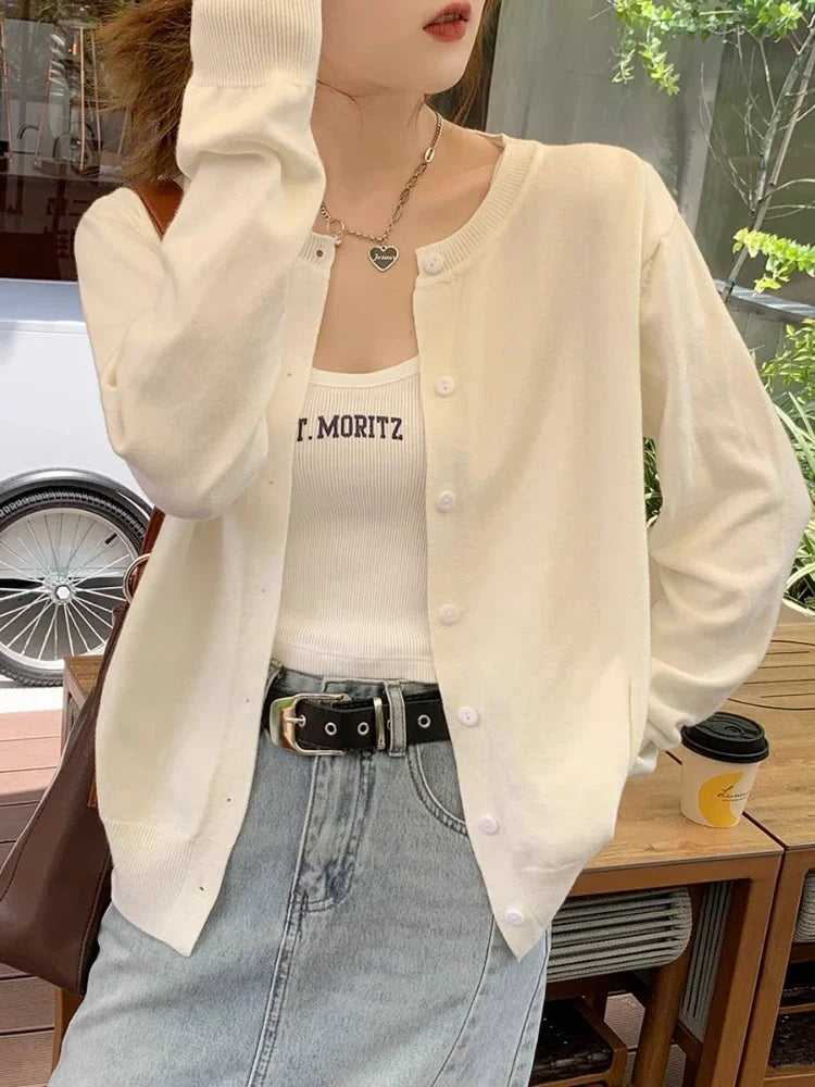 2025 Cardigans Sweater Casual Warm Spring Summer Women O-neck Long Sleeve Single Breasted Slim Fashion Korean Knitwears Tops