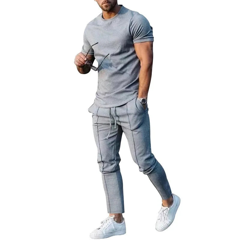 Mens Suit Summer Two-piece Suit Short-sleeved T-shirt Casual Fashion Trousers Sets for Men