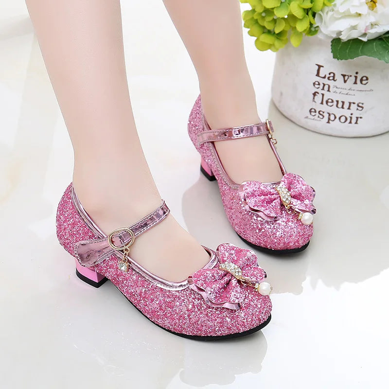 AINYFU Girls High Heel Leather Shoes Children Glitter Bowtie Dance Shoes Student Crystal Pink Silver Sandals Single Shoes H43