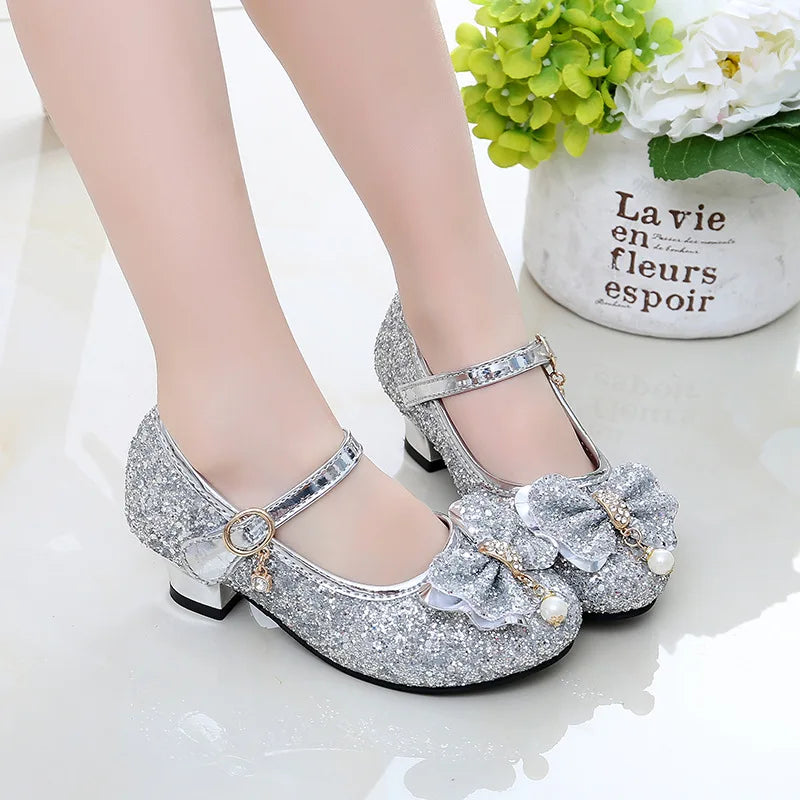 AINYFU Girls High Heel Leather Shoes Children Glitter Bowtie Dance Shoes Student Crystal Pink Silver Sandals Single Shoes H43