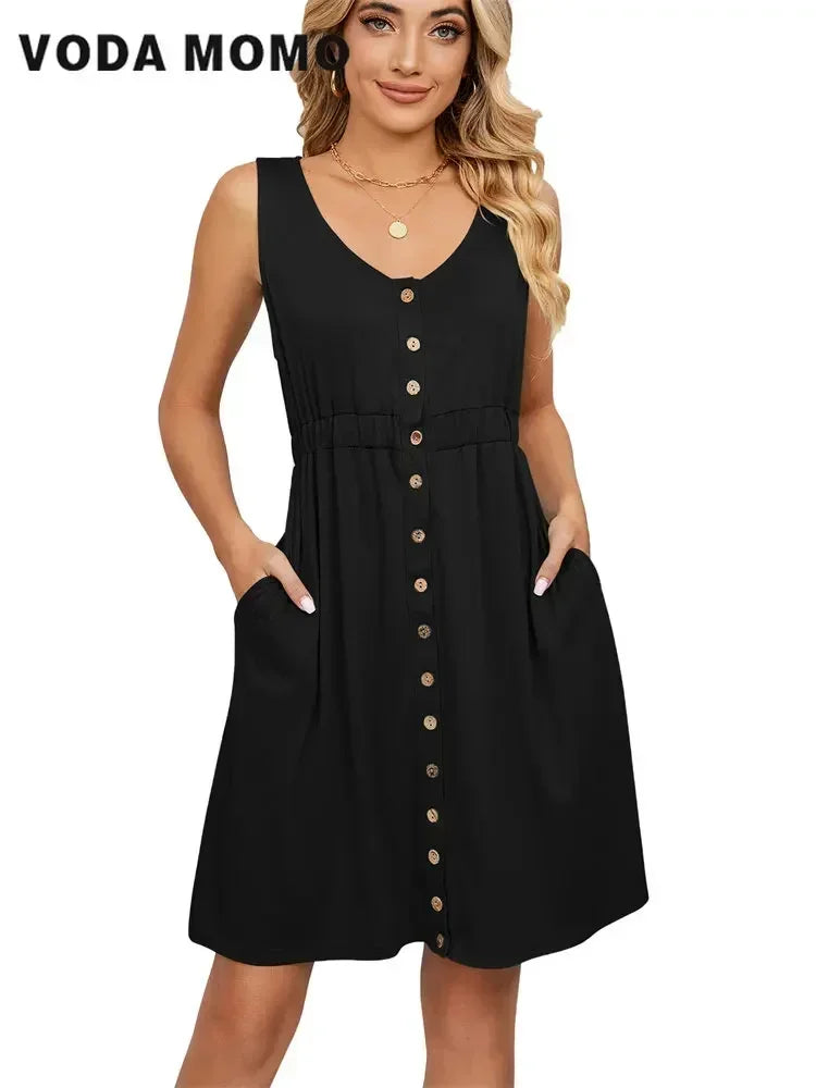 Vintage Elegant Summer Casual A-Line Womens Pullover Loose Pocket Dress Chic O-Neck Solid Sleeveless Long Dresses For Women