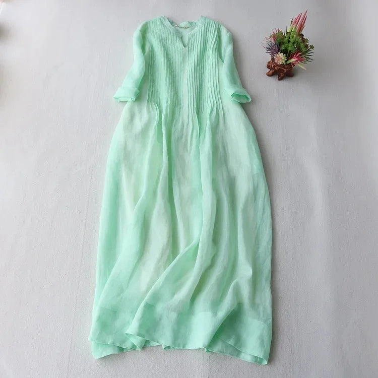 Cotton Linen Women's Dress Summer Elegant Accordion Pleat Loose Drifting Fairy Beautiful Pure Color Long Skirt round Neckline An
