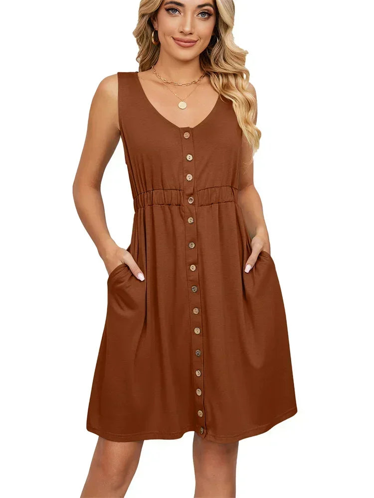 Vintage Elegant Summer Casual A-Line Womens Pullover Loose Pocket Dress Chic O-Neck Solid Sleeveless Long Dresses For Women