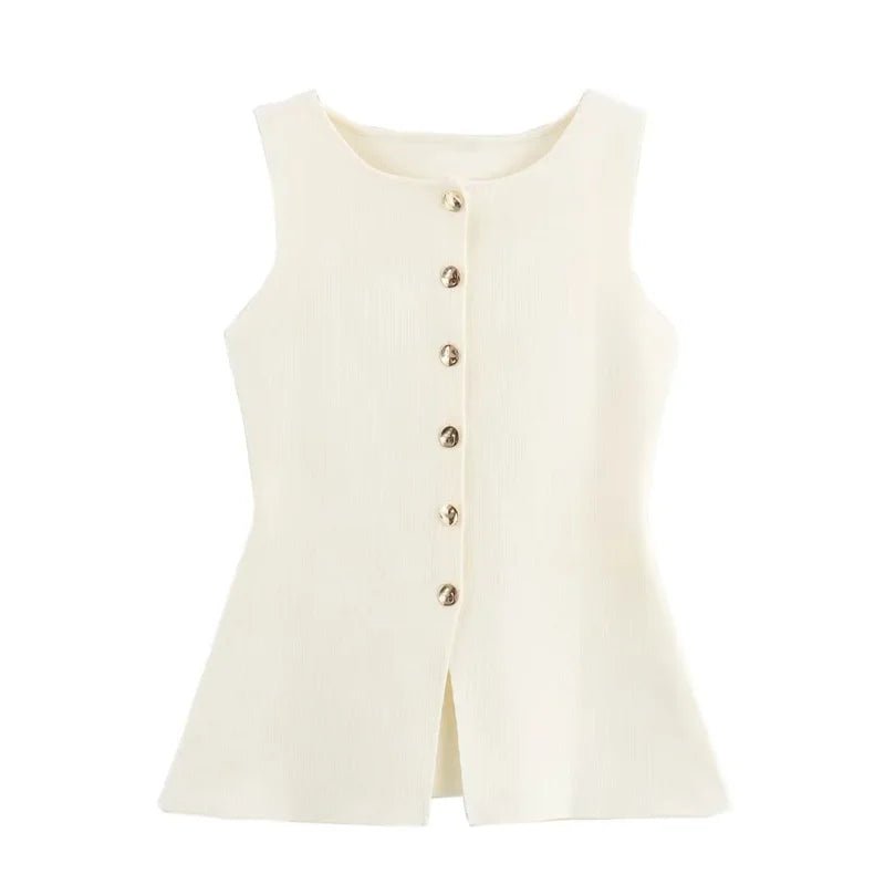 TRAF 2024 Woman Knit Vest Top Female Button Sleeveless Vest Women Summer Knitted Women's Tailored Vest Elegant Woman Coat