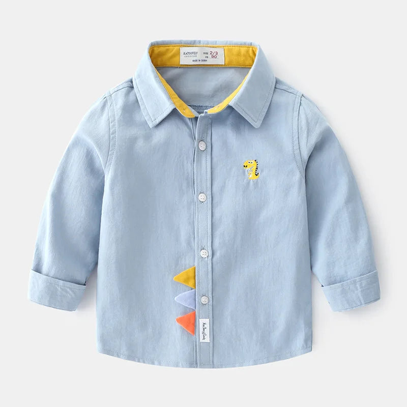 2025 Spring Autumn Boys Long Sleeve Blouses & Shirts Kids Korean Version Cotton Cartoon Dinosaurs Printing Lapel Tops 2-7Years