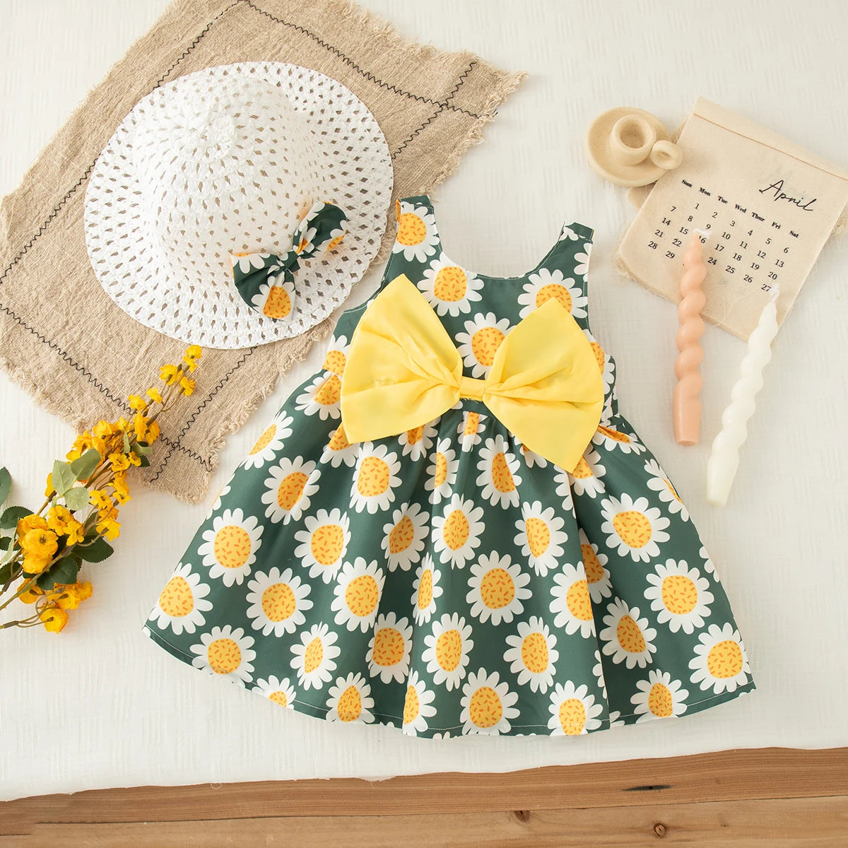 Baby Girl Dress Summer Bow And Sunflower Pattern Halter Beach Girl Kid's Dress Cute Casual Baby Dresses With Hat