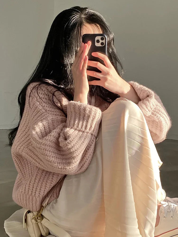 Korean Thick Women Cardigan Knitted Sweater Autumn Winter chic Loose Long Sleeve Tops Simple Solid sweater jacket for Female