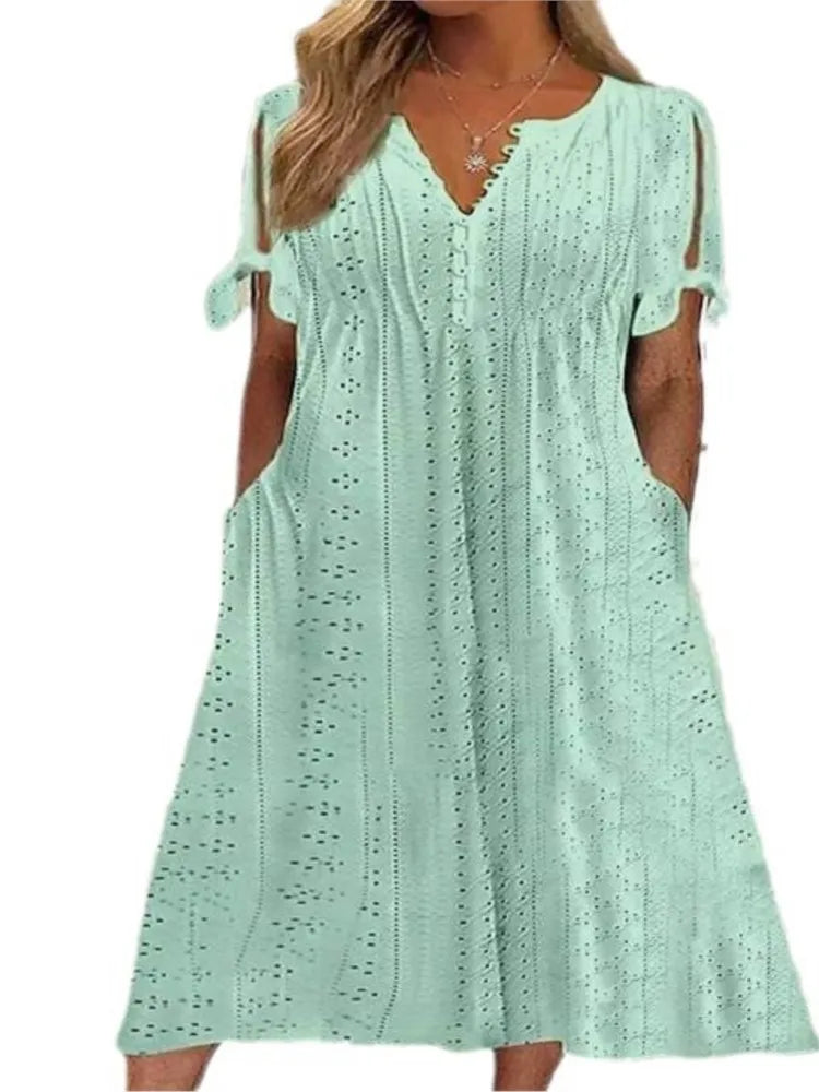 Summer New Women's Mid Length Dress With Sexy Holes Hollowed Out Lace Up V-neck Pleated Edges Fashionable Patchwork Dress