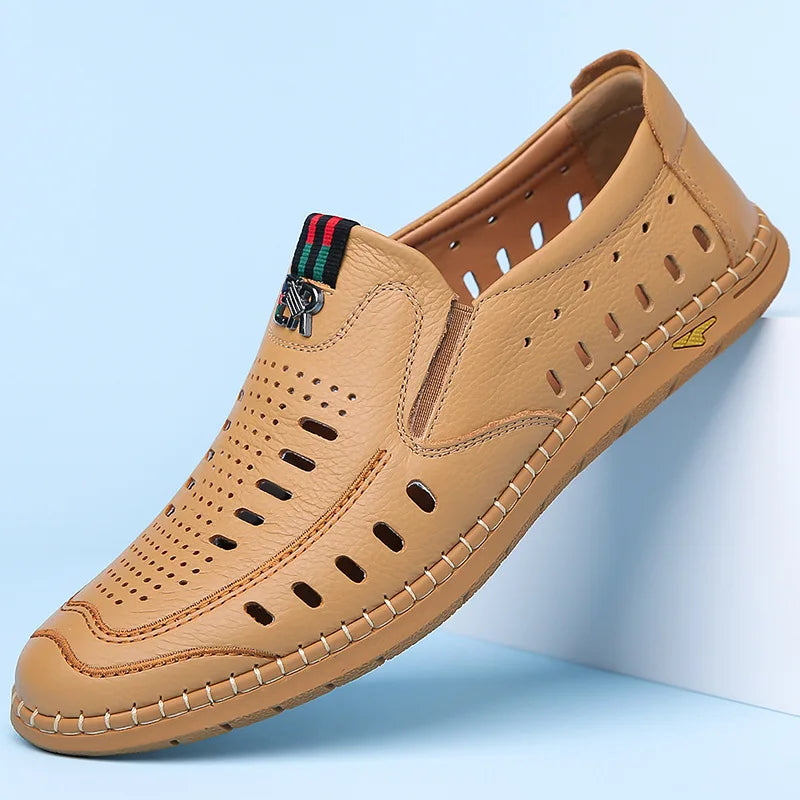 2025 Shoes for Men Genuine Leather Casual Shoes Summer New Hollow Out Slip-on Loafers Fashion Leather Sandals