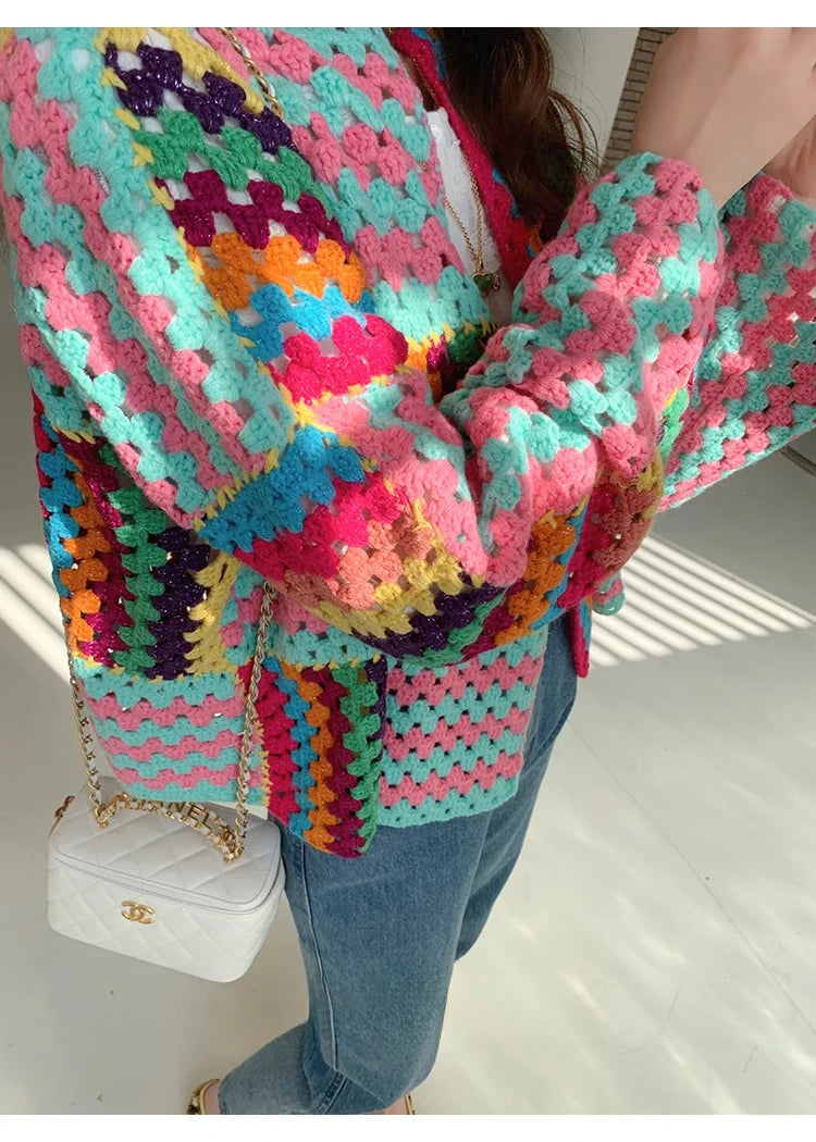Colorful Knit Stitch Hollow Out Cardigan Oversize Women Crochet Tops