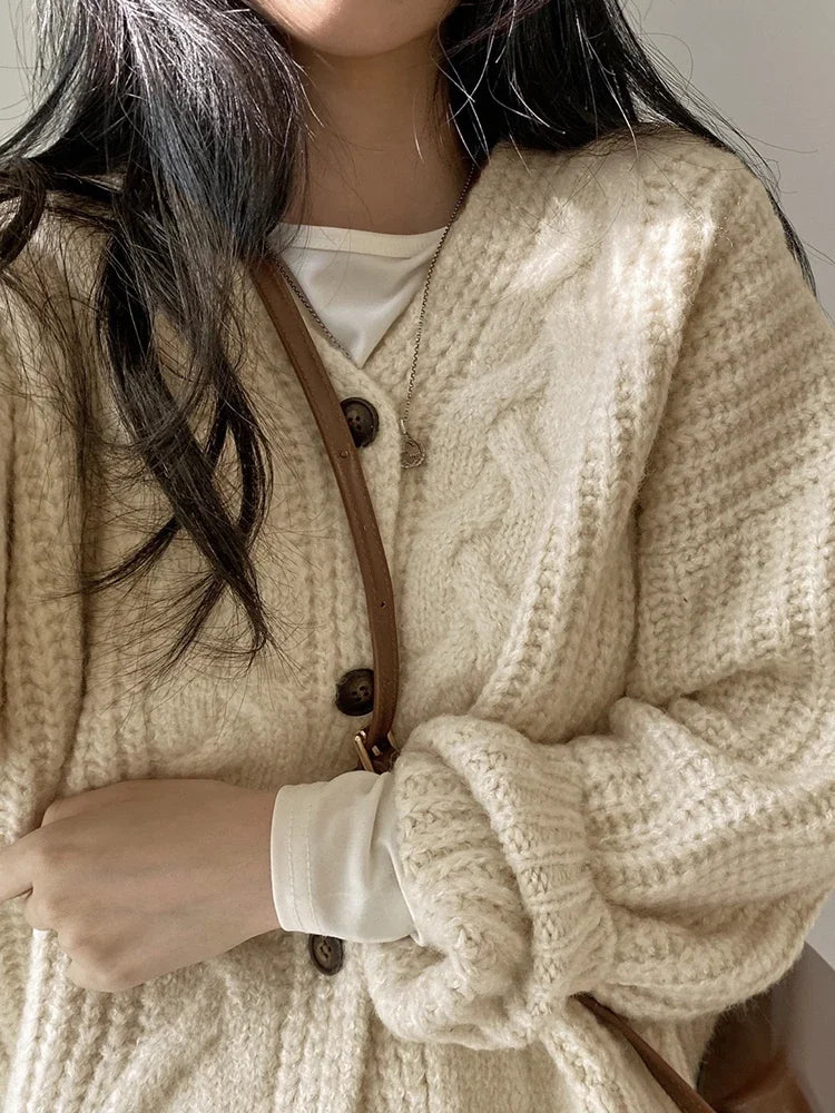 Korean Thick Women Cardigan Knitted Sweater Autumn Winter chic Loose Long Sleeve Tops Simple Solid sweater jacket for Female