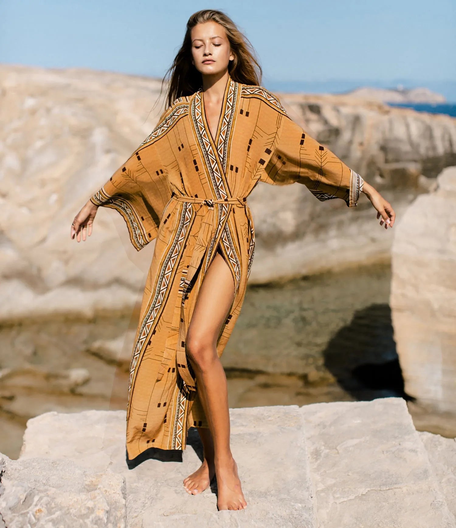 Beach Cover Up Over Sized Kimonos Women's Geometry Print Rayon Kimonos with Belt for Summer