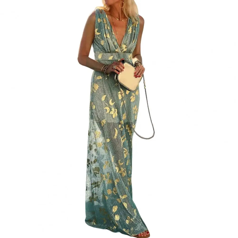 Party Dress Flowy Hem Soft Ankle-Length Elegant Bronzing Applique Casual Vest Gown Dress   Beach Dress  Female Clothing