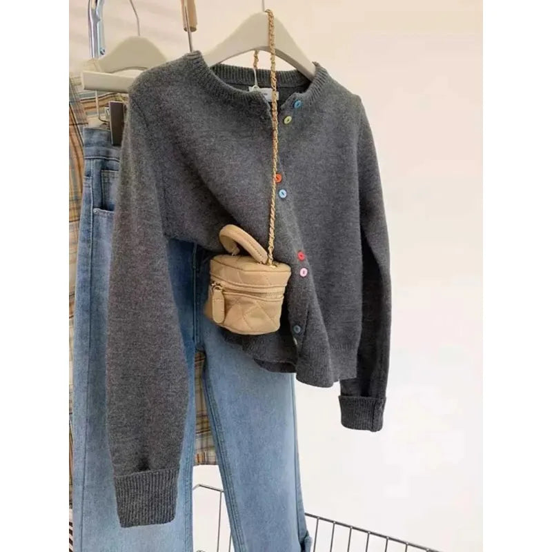 Gray Knitting Cardigan Women's Spring and Autumn Clothing 2025 New Arrival Japanese Women's Sweater Classic  Coat