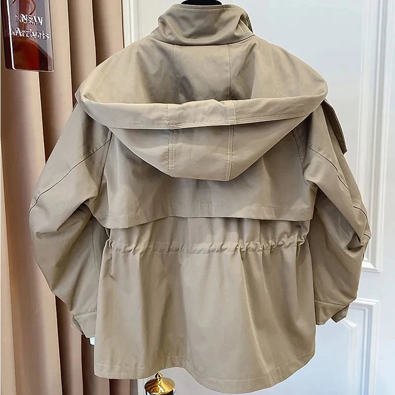 Spring Autumn Oversized Casual Waterproof Khaki Windbreaker Women Long Sleeve Hood Drawstring Zipper Jacket
