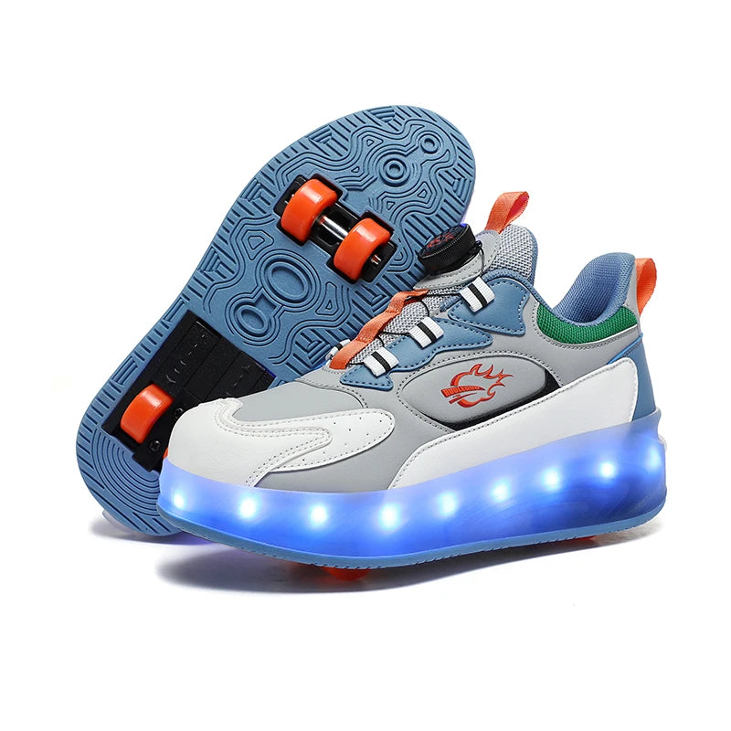 2024 New rotary buckle roller skates for kids Invisible four wheel retractile flash shoes for boys and students for girls
