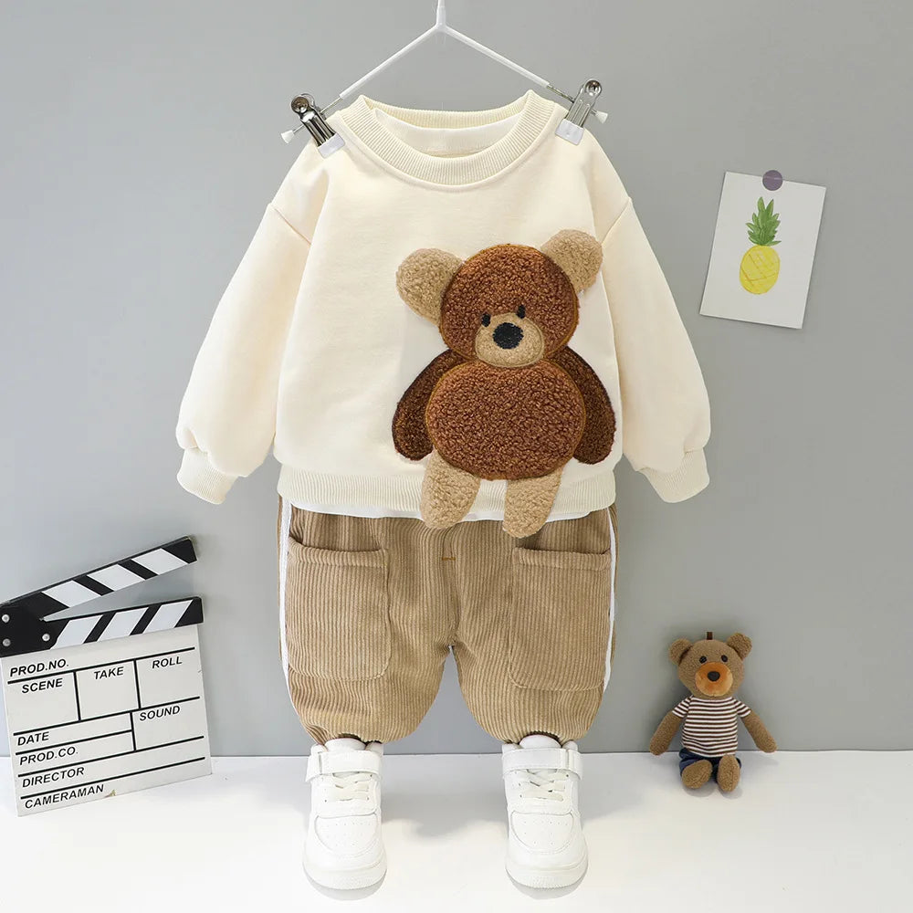 Baby cartoon Bear Plush Children's Clothing Set Boys Girls Sweatshirts Pants Suit Children's Print Simple Suit