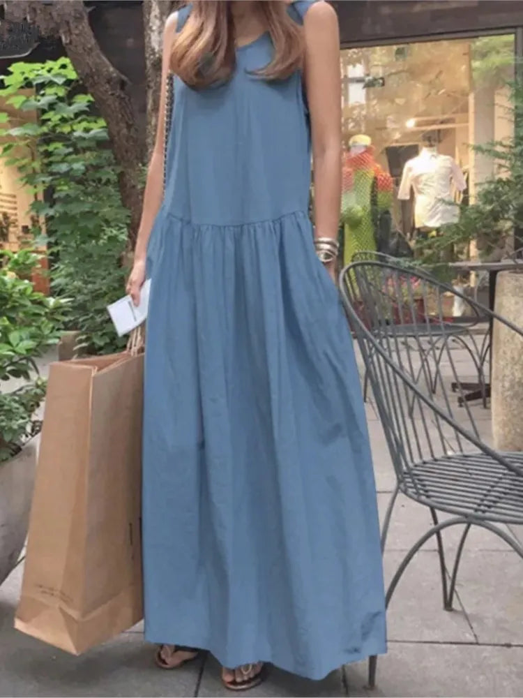 Summer Casual O-neck Sleeveless Loose Solid Long Dress Women Fashion Elegant Office Holiday Beach Party Boho Dresses Robe Femme