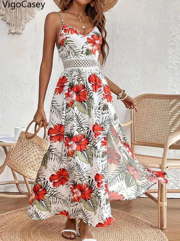 VigoCasey 2025 Summer Female Print Casual Bodycon Dress Women Sexy Sleeveless Strap Long Dress Lace Patchwork Tight Club Dresses