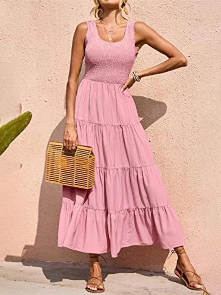 Dresses For Women Summer Sexy Elegant Sleeveless Floral Solid Color Long Dress Fashion Elastic Waist Beach Party Big Swing
